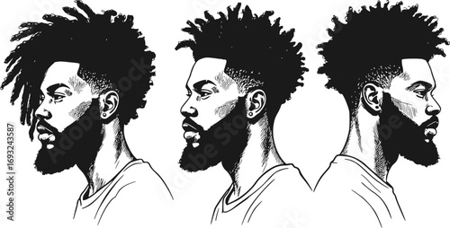 Set of Dreadlocks Hairstyles, Afro Hair and Beard. Black Men African American Profile Silhouettes and Side View Portraits. afroharren