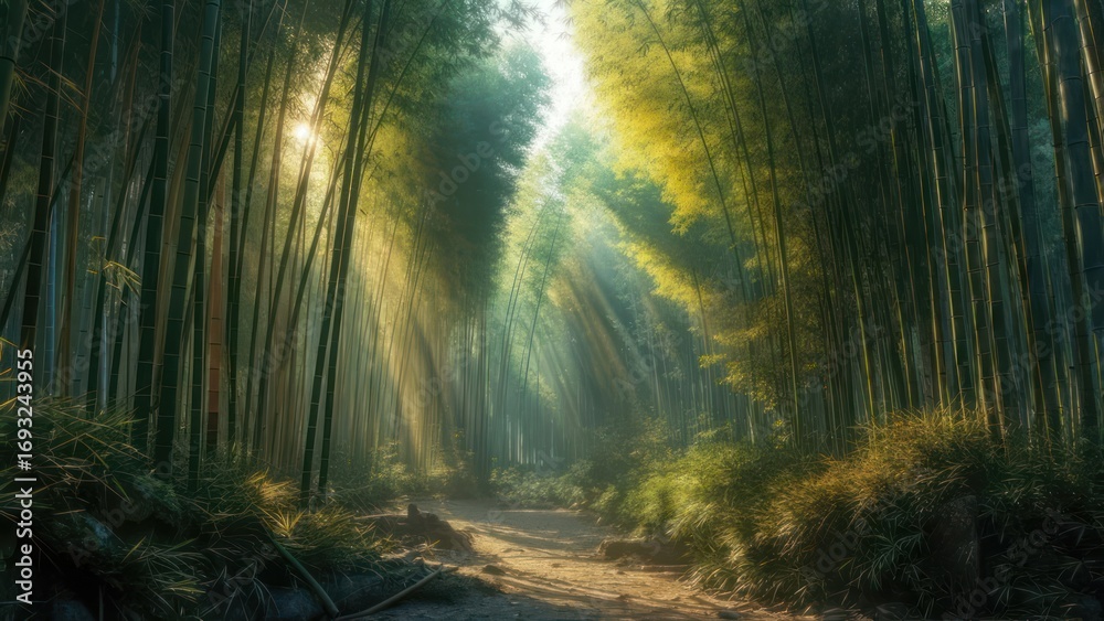 Fototapeta premium Sunlit bamboo forest path (1)