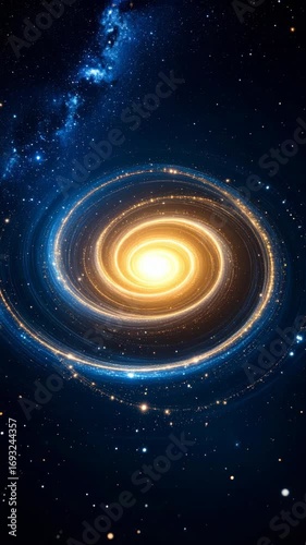 Vibrant space scene featuring a golden spiral galaxy surrounded by countless glittering stars against a deep blue cosmic backdrop.