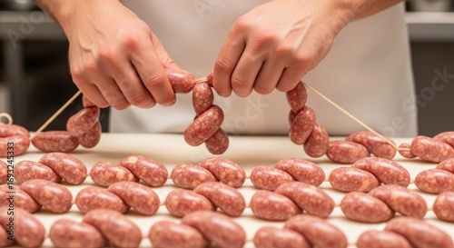 Butcher's hands tying fresh raw sausages with string on a white table, preparing for sale