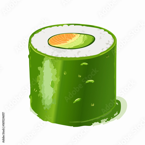 One roll isolated on white background. Japanese traditional food. Close-up realistic illustration