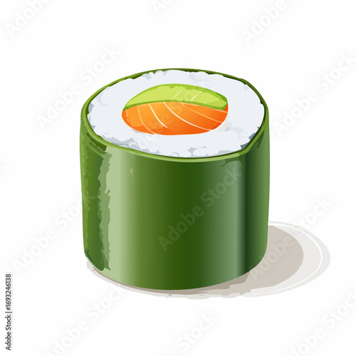 One roll isolated on white background. Japanese traditional food. Close-up realistic illustration
