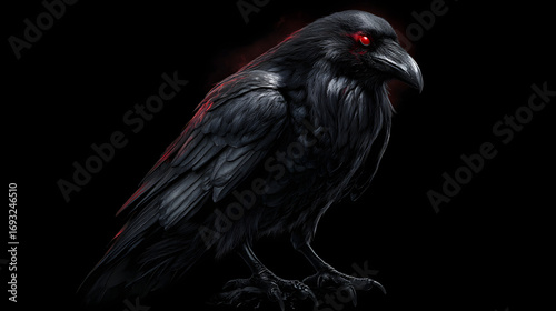 Black raven perched, glowing red eyes, gothic horror style, single object, isolated PNG