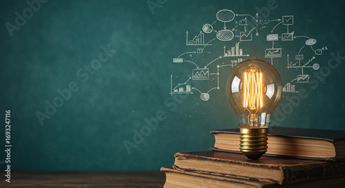 Bright Ideas Light Bulb on Books with Business Diagrams, Symbolizing Learning & Innovation