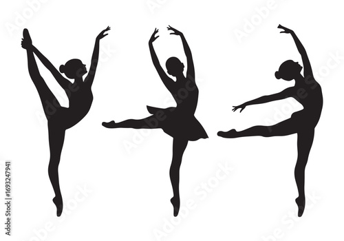 Elegant ballet dancers posing gracefully in classic dance positions silhouette white background