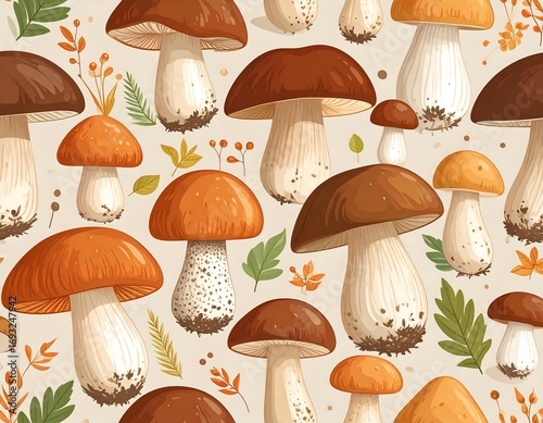Detailed mushroom pattern with autumnal leaves and berries