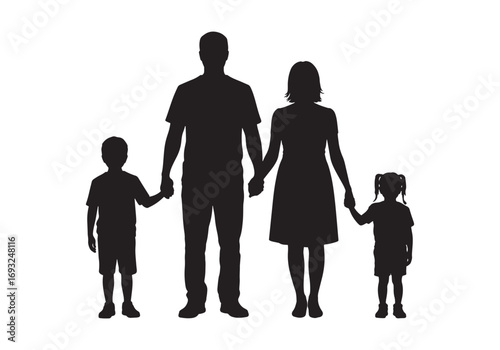 Silhouettes of a happy family including parents and two children holding hands in unity white background