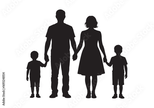 Silhouettes of a happy family father mother and two children holding hands unified together white background