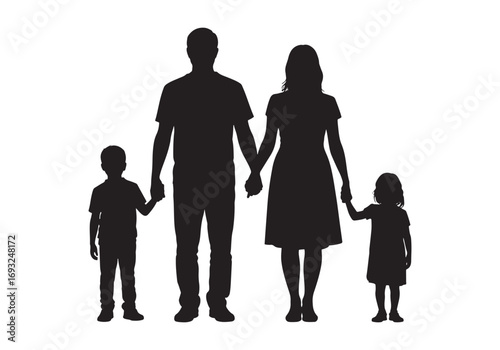 Silhouette family couple parents and two children holding hands together white background