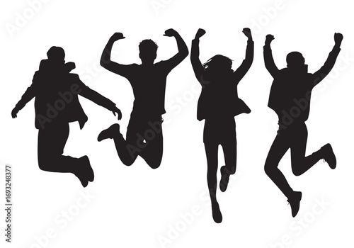 Joyful silhouettes of four friends jumping high together in celebration and freedom white background