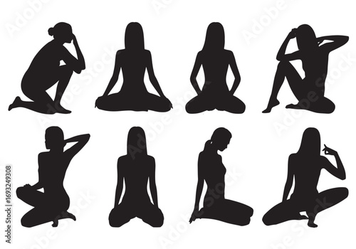 Set of eight female silhouettes in various graceful yoga poses sitting on white white background
