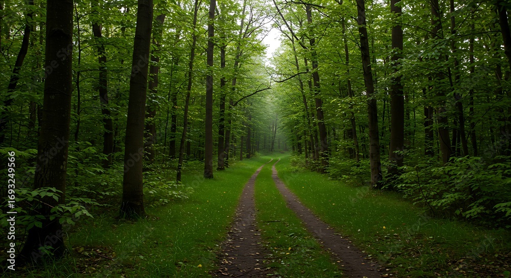 Obraz premium Sunlit Path Through a Lush Green Forest.