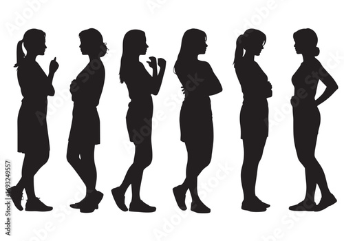 Silhouettes of diverse women posing in profile against a standing together white background