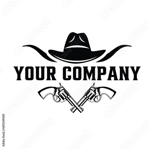 Western cowboy hat and crossed revolvers logo isolated on white background