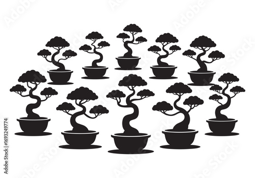 Collection of silhouette bonsai trees in pots for decorative asian garden design white background