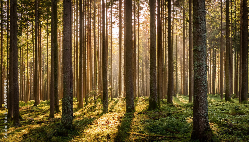 Obraz premium a forest scene with tall trees creating natural vertical lines illuminated by soft sunlight