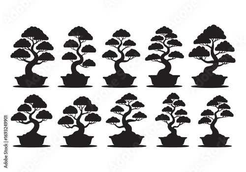 Collection of ten stylized silhouette bonsai trees in pots isolated on white white background