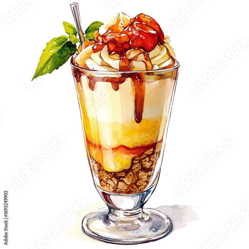 Parfait, watercolor painting vector, isolated on a white background.