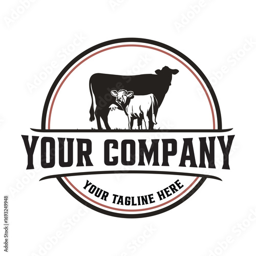 Farm logo with cow and calf silhouette isolated on white background