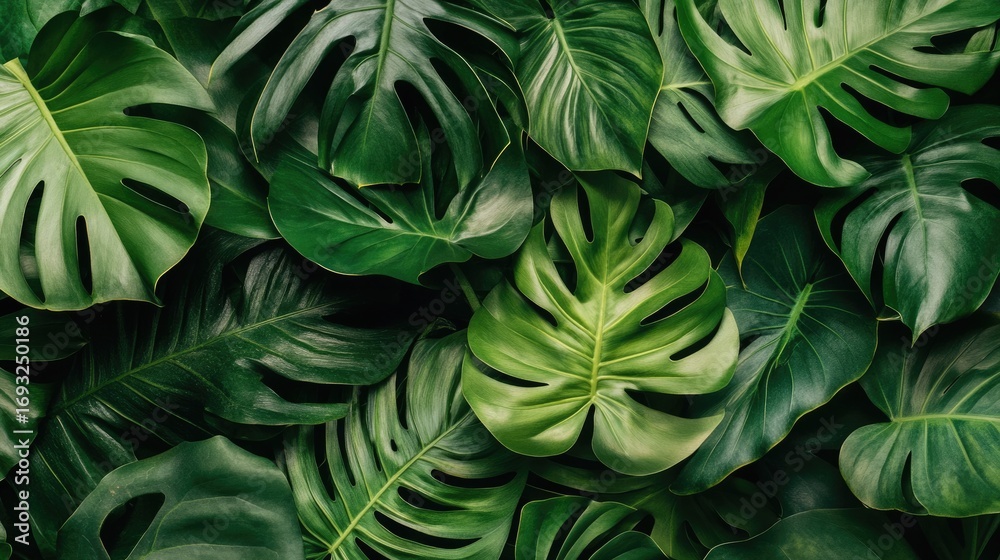 Fototapeta premium Lush Green Monstera Leaves Pattern Background.