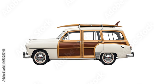 Classic white woody station wagon with surfboards on roof rack.