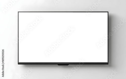 Modern flat screen television with blank black display mounted on a white wall, mockup