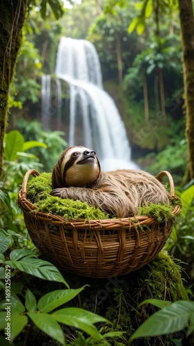 Cute sloth lying in wicker basket on soft moss with lush green rainforest and distant waterfall in the background