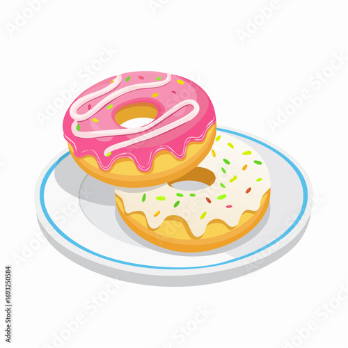 Donuts on a plate. Two beautiful delicious donuts with icing and sprinkles on white background
