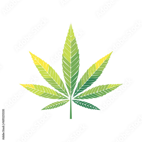 Stylized Green Hemp Leaf Illustration with Yellow Tinge on Pointed Tips for Medical or Commercial Use