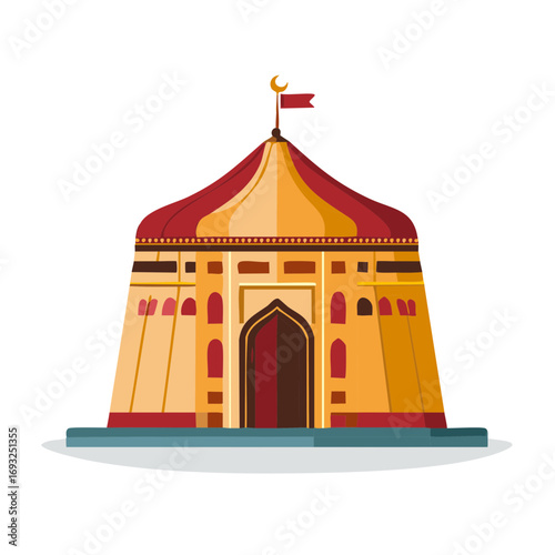 Golden and Red Traditional Pavilion with Crescent Moon Flag and Arched Entrance