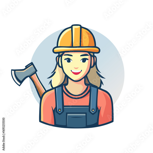 Cartoon Woman Wearing Hard Hat and Overalls Holding an Axe Smiling