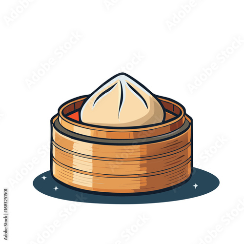 Dim sum in a bamboo steamer basket, traditional Chinese cuisine graphic art illustration