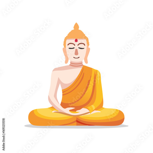 Serene Buddhist figure meditating in traditional saffron robes adorned with a third eye symbol