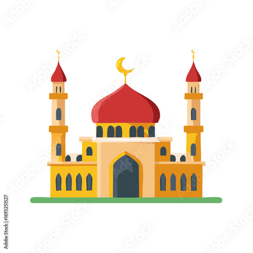 Cartoon mosque with minarets and crescent moon, Islamic religious architecture illustration