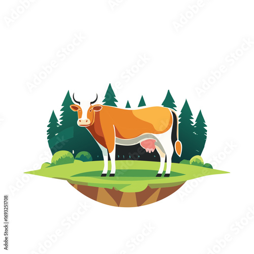 Stylized Cow Standing in a Lush Green Meadow With Evergreen Trees