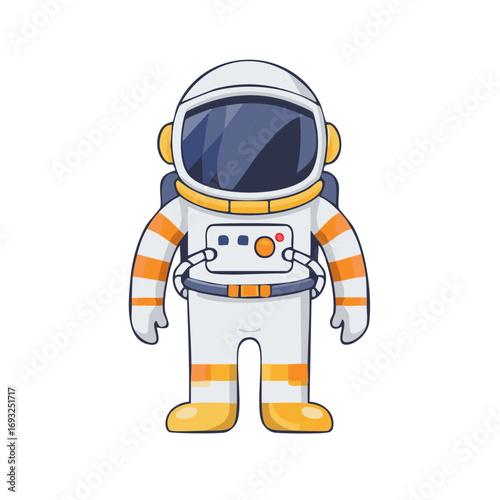 Astronaut in space suit cartoon stands upright isolated in vector illustration.