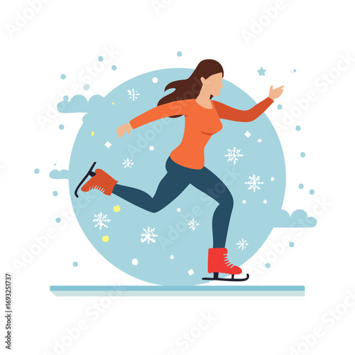 Woman Ice Skating Outdoors During Winter with Snowflakes Falling