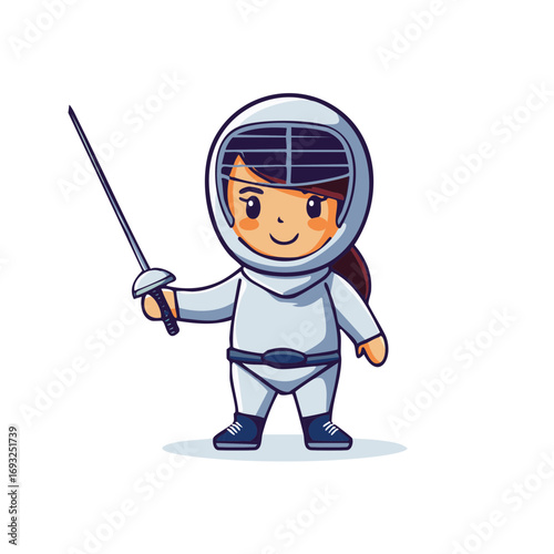 Smiling Cartoon Fencer Stands Ready in White Protective Gear Holding Epee Sword Cute Character Vector Illustration