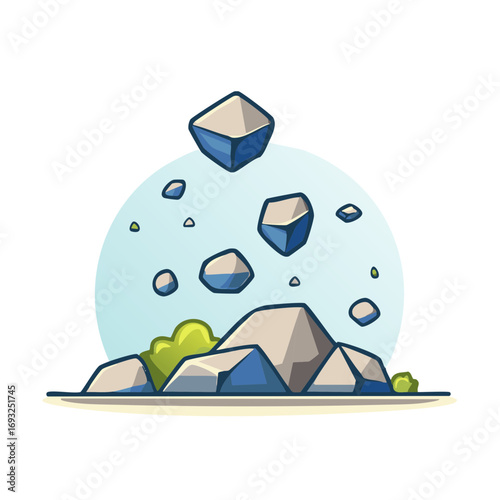 Cartoon Landscape of Rocks and Greenery with Falling Geometric Elements