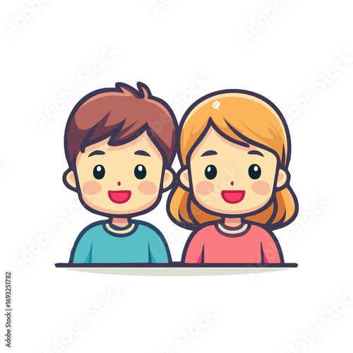 Cute happy cartoon boy and girl smiling together vector illustration of young diverse kids