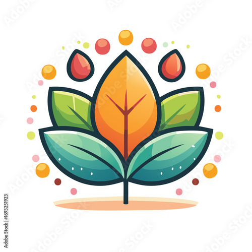 Stylized colorful illustration of a blooming plant with large green leaves and an orange center bloom surrounded by abstract dots and water drops