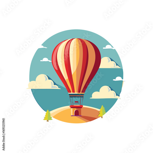 Vibrant hot air balloon ascends over rolling hills and clouds illustration