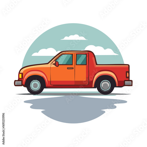 Illustration of orange and red pickup truck with stylized clouds in background for automotive or transport concept.
