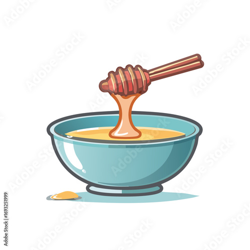 Honey drips from dipper into bowl illustration sweet golden food ingredient healthy liquid condiment, blue bowl