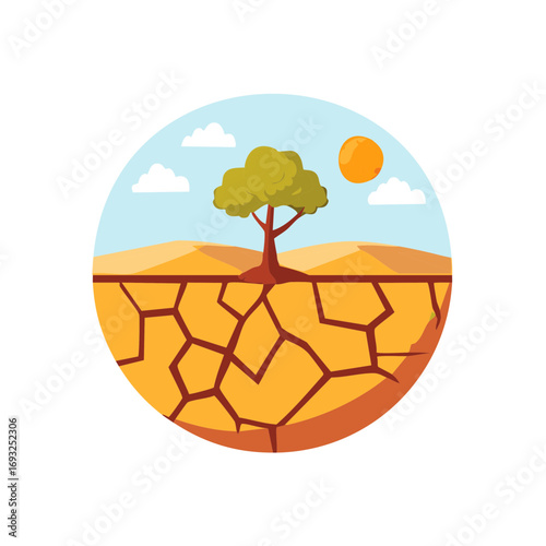 Illustration of drought, cracked earth and tree symbolising environmental problems