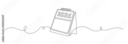 Loose-leaf calendar 2026 in one continuous line drawing. Symbol of memorable date and event day in simple linear style. Time planer concept in Editable stroke. Doodle outline vector illustration
