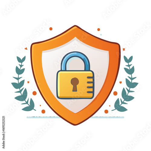 Stylized orange shield with a yellow padlock symbolizing secure digital data protection and internet privacy