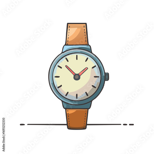 Illustration of a stylish analog watch with a brown leather band