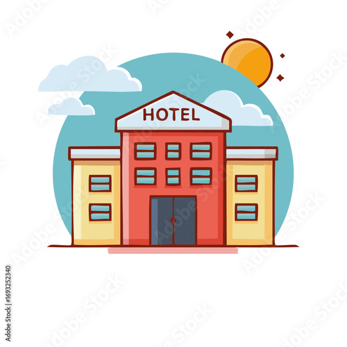 Stylized cartoon hotel building with windows, doors, and a sun in a blue sky with clouds