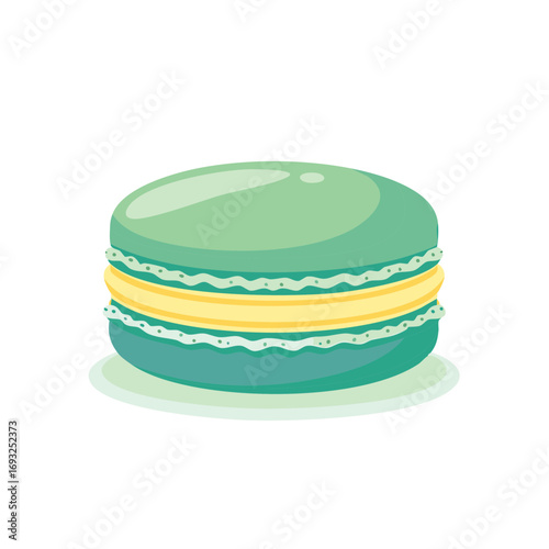 Pastel Green French Macaron Cookie with Yellow Cream Filling Vector Illustration
